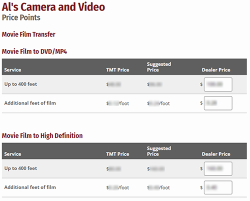 Dealer price points screenshot